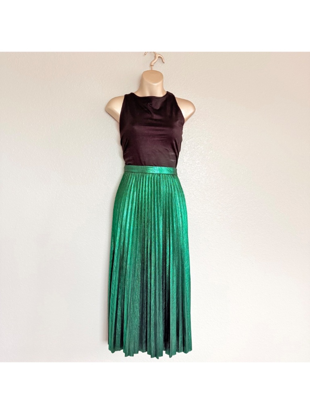 Metallic Emerald Green Accordion Pleated Midi Skirt Retro Glam | Flying Tomato S
